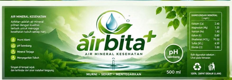 Label kemasan Airbita+ Air Mineral Kesehatan