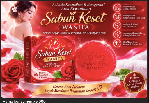 Sabun Keset Wanita — kemasan dan sabun batang berwarna merah dikelilingi kelopak mawar